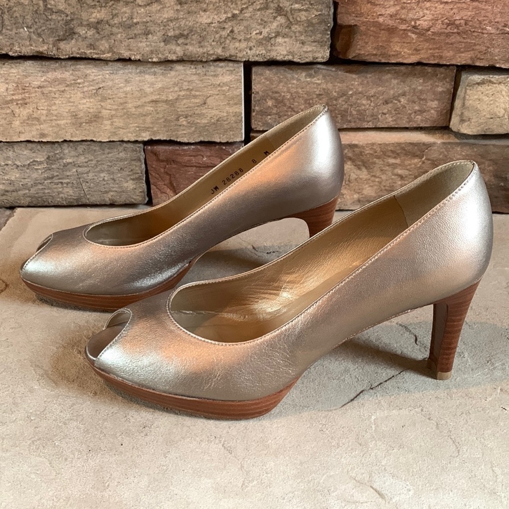 Stuart Weitzman Metallic Golden Silver Peep-Toe Heels